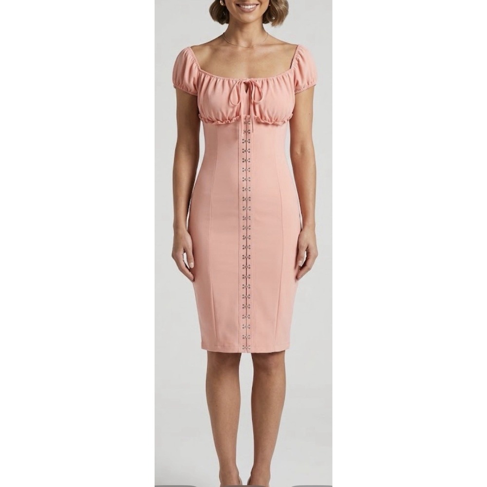 Womens Corset Bodycon Dress Peach Solid Sweetheart Bow Puff Sleeve Sheath M